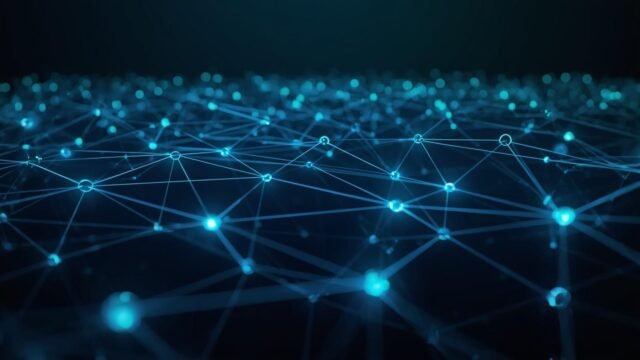 Rede de conexões representando agentes de IA autônomos interagindo com sistemas digitais