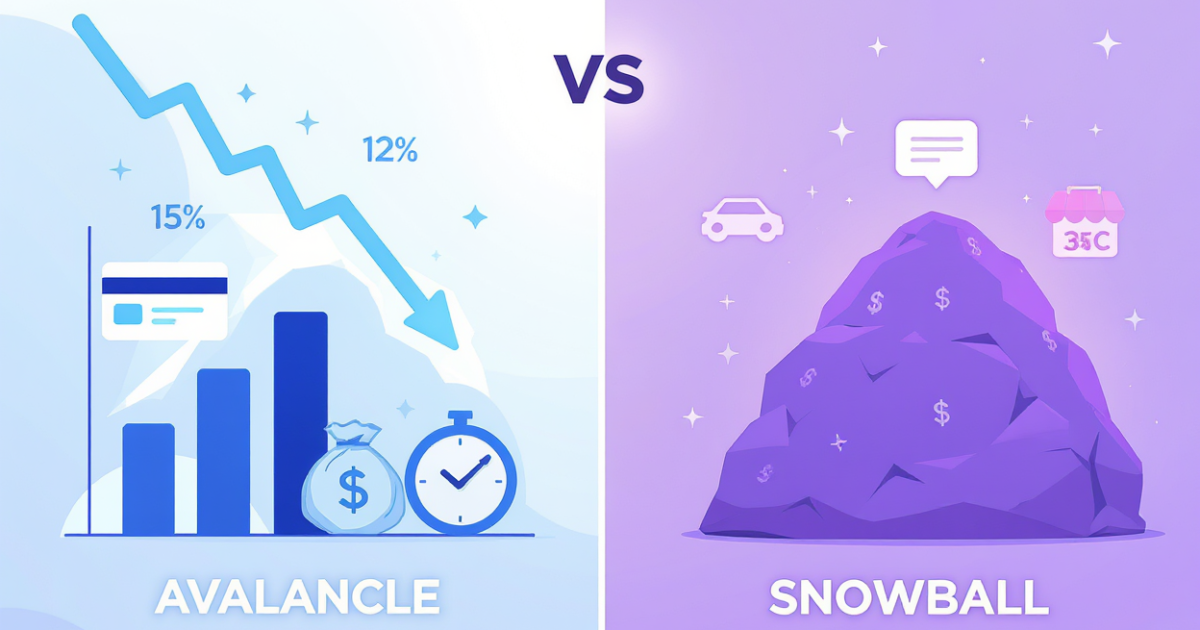 Comparativo avalanche vs bola de neve para pagamento de dívidas mostrando diferenças de juros e tempo