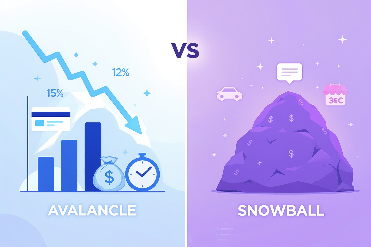 Comparativo avalanche vs bola de neve para pagamento de dívidas mostrando diferenças de juros e tempo