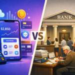 Comparação visual entre carteiras digitais e bancos tradicionais mostrando diferenças de tarifas, atendimento e serviços em 2026