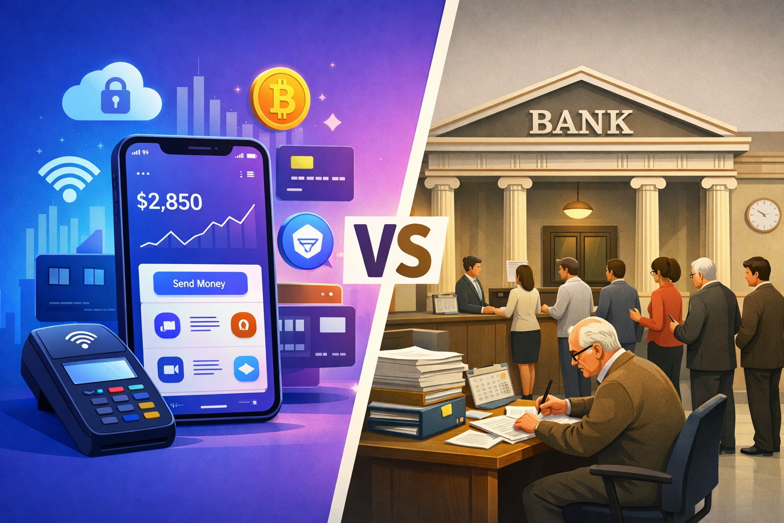 Comparação visual entre carteiras digitais e bancos tradicionais mostrando diferenças de tarifas, atendimento e serviços em 2026