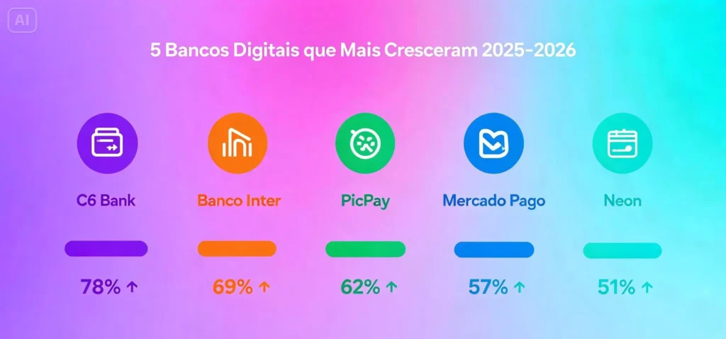 Descubra os 5 bancos digitais que mais cresceram em 2025-2026: C6 Bank lucrou R$ 2,46 bi, Inter chegou a 43 mi clientes e PicPay abriu IPO na Nasdaq. Análise completa com dados oficiais.